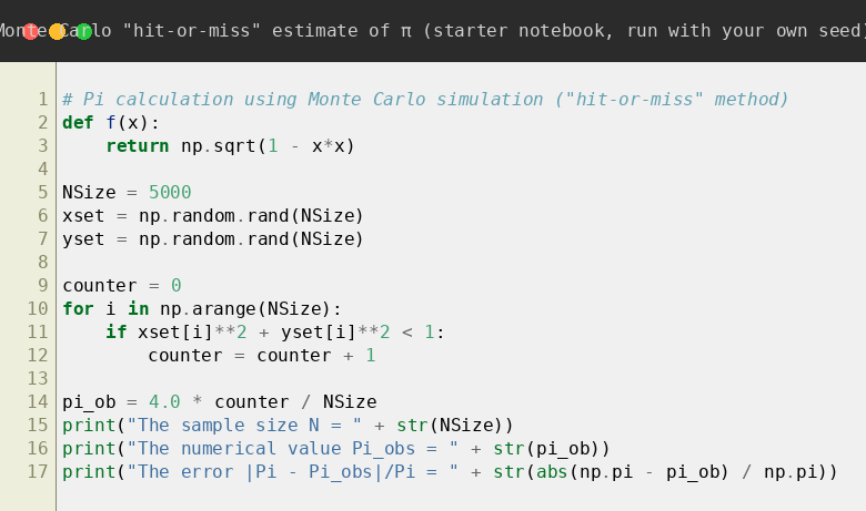 Monte Carlo hit-or-miss pi estimation output