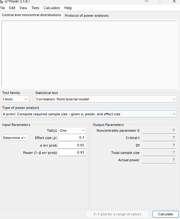 G*Power software interface for the sample-size calculation