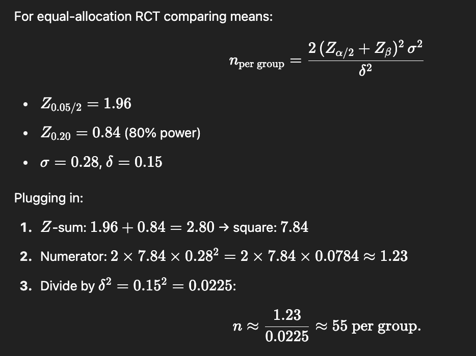 Worked two-sample t-test sample-size formula