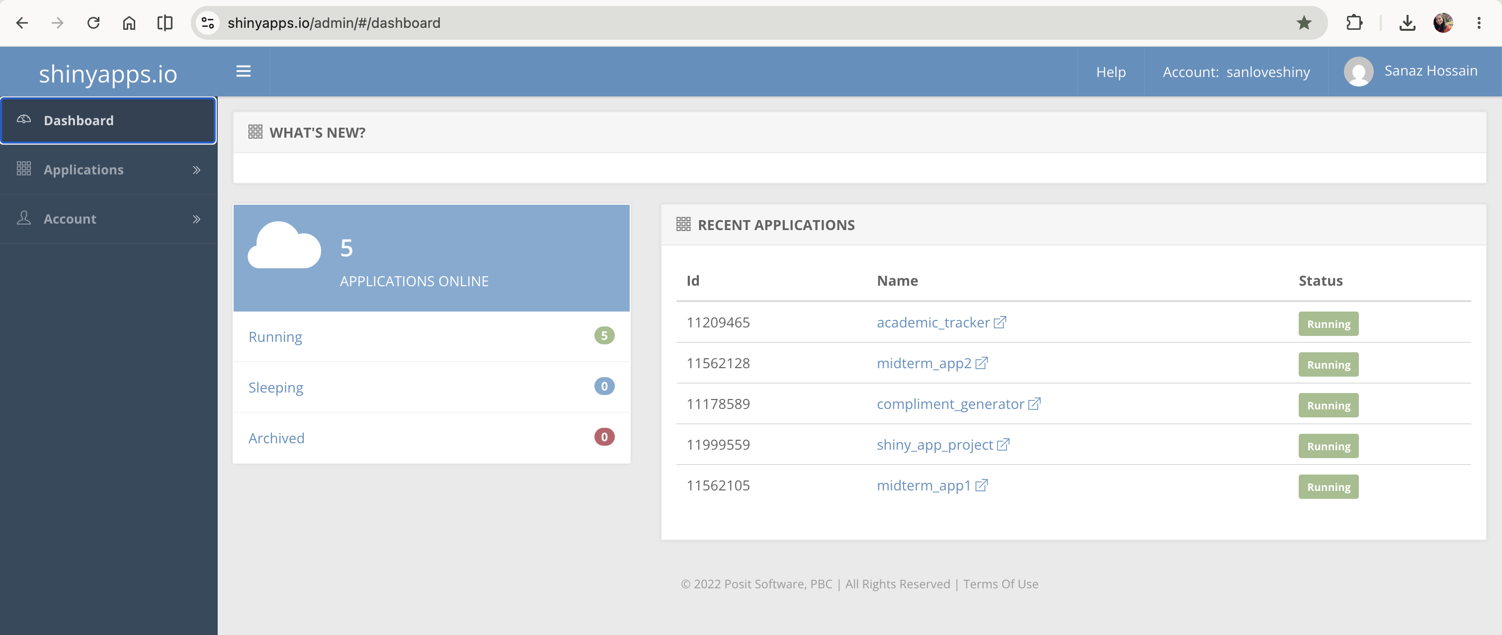 shinyapps.io dashboard showing five apps live